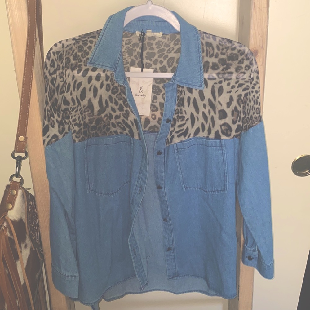 & the why cheetah print denim button down